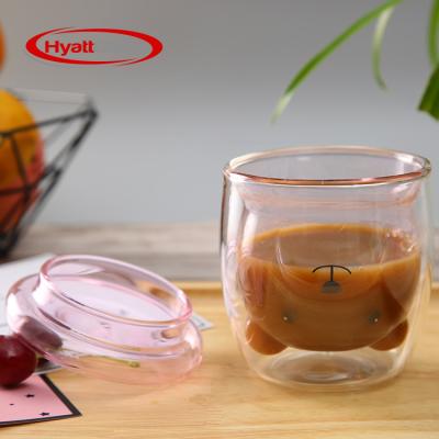 China Sustainable Cute Animal Bear Shaped 250ml Clear Double Wall Glass Mug For Kids for sale