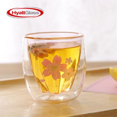 China Flower Frosted Double Wall Sakura-Printed Espresso Glass Mug for sale