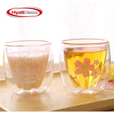 China Flower Sandblasting Sakura-Printed Double Wall Glass Tea Espresso Cup for sale