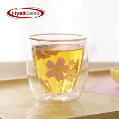 China Double Layer Viable Transparent Sakura-Printed Glass Coffee Mug for sale