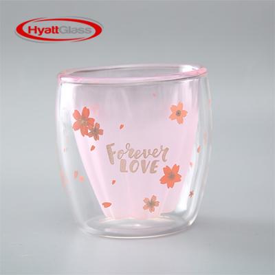 China Sakura-Flower Printed Borosilicate Double Wall Frosted Glass Coffee Mug for sale