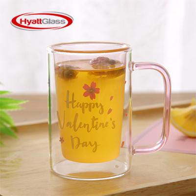 China Sustainable Sakura-printed Double Transparent Glass Coffee Mug With Handle for sale