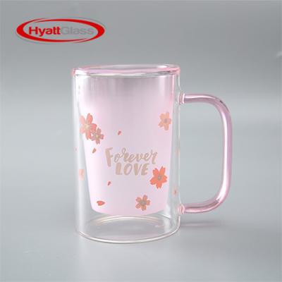 China 200ml Flower Sandblasting Double Layer Sakura-printed Glass Cup With Handle for sale