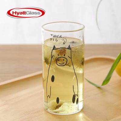 China Flower transparent glass mug with kitten, puppy, piglet decoration for sale