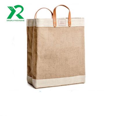 China Custom Made Heavy Duty Eco-Friendly Eco-Friendly Hemp Tote Bag Logo Jute Tote Bag With Leather Handles for sale