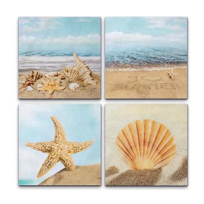 China Modern Hotel Home Office Printing Canvas Conch Set 4 Wall Art Seascape Printing Picture Beach Paintings for sale