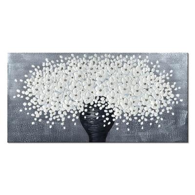 China Modern Heavy Texture Wall Art Home Decorative Brush Stroke Hand Painted White Flowers Blooming in Vases Black Oil Painting for sale