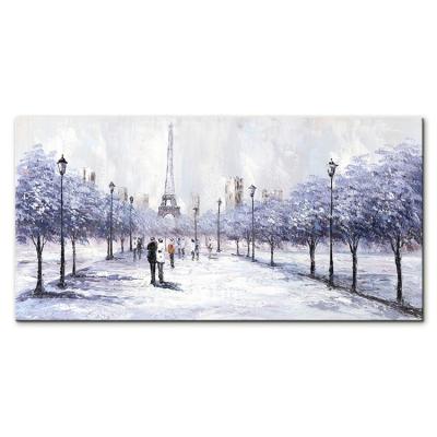 China Modern Hand Painted Oil Painting Lovers Strolling Under Snowy Boulevard By Canvas Art Home Bedroom Wall Colored Drawing Decor for sale