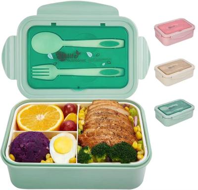 China Reusable 3 Compartments Microwavable PP Plastic Bento Box Tiffin Box Kids Plastic Lunch Box With Cutlery for sale