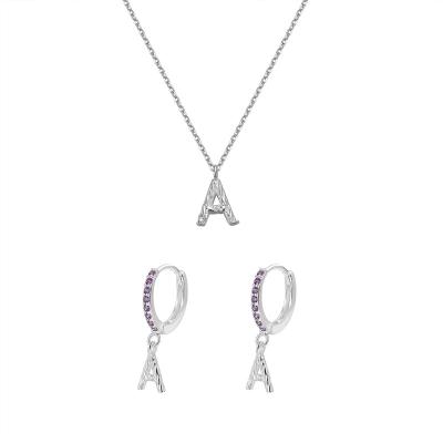 China TRENDY New Fashion Purple Silver Plated Zirconia S925 Letter Necklace Dangle Earrings Set For Women for sale