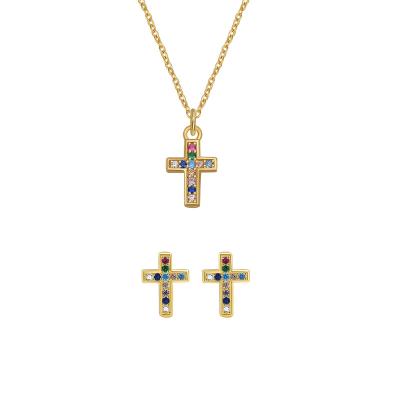 China FASHIONABLE 925 Sterling Silver Gold Plated Zircon Cross Necklace Earrings Ring Jewelry High Quality Colorful Pendant Set for sale