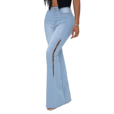 China 2021 New Style Women Fashion Metal Flare Decoration O-ring Breathable Denim Women Jeans Pants for sale