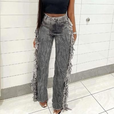 China 2021 Gray Straight Skinny Tassel Designer Fringe High Waist Breathable Stylish Jeans Fashion Autumn Streetwear Tie Dye Jeans For Women for sale