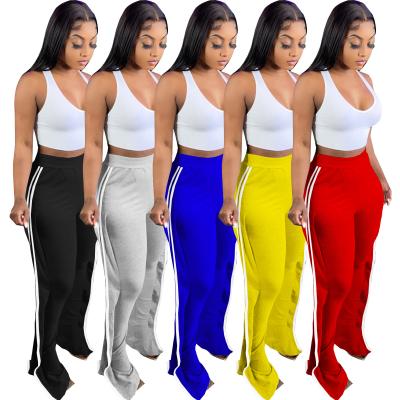 China 2021 Autumn Hot Sale Woman Side Breathable Striped Ruffle Bell Bottoms Pants Sides Flare Split Pants For Women for sale