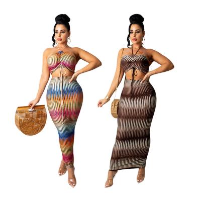 China Breathable allure woman clothes Brown print crop top and high waisted skirt 2pc set tub top and pencil skirt set for women for sale