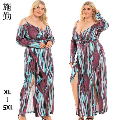 China New Fashion Viable Print Chiffon Maxi Dress Woman Off Shoulder Long Sleeve Plus Size Dress Casual Dresses For Women for sale