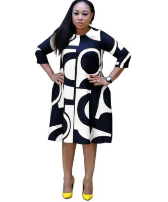 China Sustainable Womens Clothing Fall Digital Print O-Neck 3/4 Sleeve Dress Plus Size Women's Dresses for sale