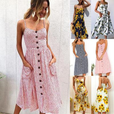 China Women's Summer Boho V Neck Sleeveless Midi Dress Anti-Static Floral Pocket Pleated Smock Button Dress Casual Dress For Women for sale