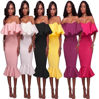 China Female anti-static clothing solid allure ruffle off the shoulder skirt dress elegant casual dress cos fishtail women for sale