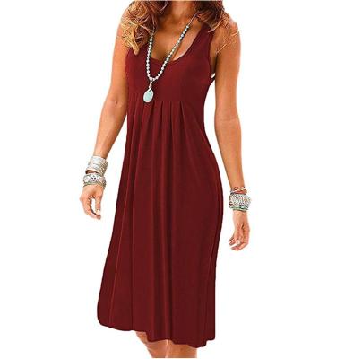 China 2021 Women Summer Beach Dress Breathable Casual Vest Dress Loose Sleeveless Pleated Midi Dress for sale