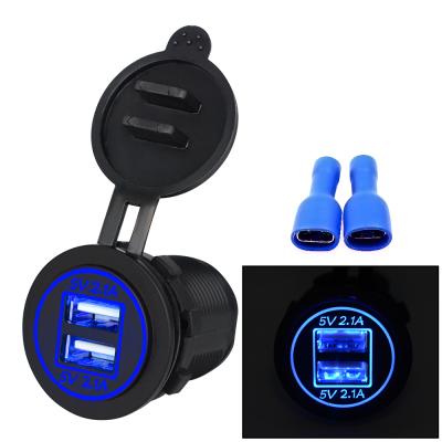 China For Cars Waterproof IP66 Led Ring Light 12v 24 Volt Dual Power Socket Motorcycle USB 4.2a Chargers With Cover For Bus Motorbike Car for sale