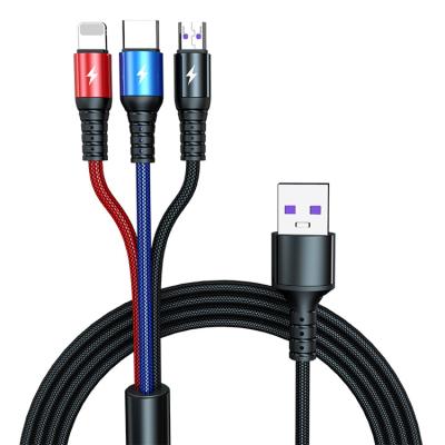 China Mobile Phone 1.2m Universal Nylon Usb Cable 3 In 1 Type C Lightning 5A Fast Charging Line For Iphone Cable For Huawei for sale