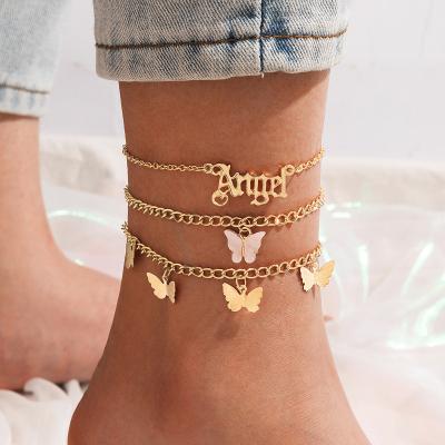 China Dvacaman 3 Piece Designer Gold Plated Women Romantic Angel Pink Butterfly Foot Letter Set Beach Chain Anklets Bracelets Jewelry for sale