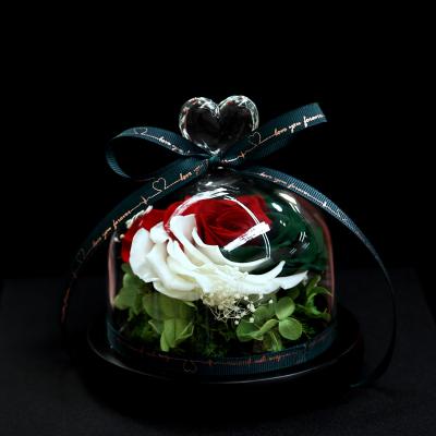 China Real Eternal Lasting Infinity Romantic Preserved Custom Color Rose Heart Shape Glass Handmade Preserved Roses Arrangement Flowers For Gift for sale