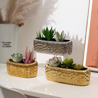 China Wholesale Cheap Luxury Fancy Home Decoration Beautiful Rectangle Shape Home Decoration Garden Pot Tabletop Nordic Gold Plated Ceramic Flower Pots for sale