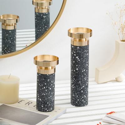 China Home decoration good quality handmade table top garden decoration European metal other candlestick terrazzo gold candle holder for sale