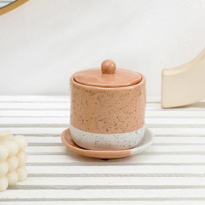 China Nordic Modern Luxury Table Top Empty Matte Candle Container Rose Round Fancy Ceramic Candle Jar Modern Candle Vessel With Lid for sale