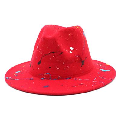 China Fashion Custom High Quality Fashion Scribble Wide Brim Wool Felt Fedora Hats For Women And Dye Men Fedora Hats Fashion Colorful Tie for sale