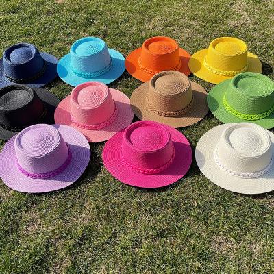 China Wide Brim Straw Hat Boater Straw Hat Female Summer Beach Sun Colorful Seaside Flat Vacation Hat Dobby for sale