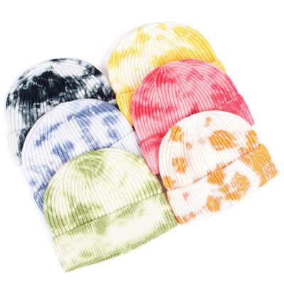 China COMMON Custom Beanie Hat Soft Acrylic Knitted Winter Logo Tie Dye Color Warm Embroidery Fashionable Hats for sale