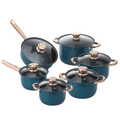 China 12pcs Kitchen Sustainable Housewares Cooking Pots Blue Stainless Steel With Champagne Knob And Handle Non-Stick Kitchen Pots Cookware Sets for sale