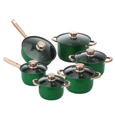 China New Design Color Cookware Viable Stick Utensils Cookware Non Sets 12pcs Stainless Steel Cooking Pot With Champagne Knob And Handle for sale