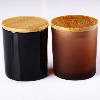 China Wedding Wholesale 10oz Amber White / Empty Frosted Candle Jars With Wooden Lids Glass Jars For Candle Making Luxury Candle Jar for sale