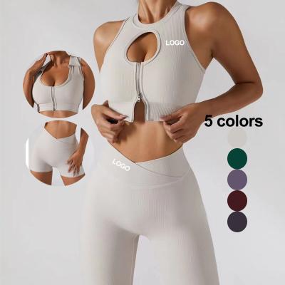 China 2022 2/3/4 Piece Cavity Breathable Sexy Zippers Stretch Underwear Sports Bra Cross Waist Striped Sports Shorts Leggings Fitness Gym Set for sale