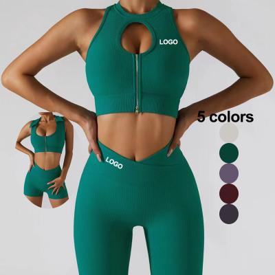 China 2/3/4 Piece Breathable 2022 Cavity Sexy Zipper Stretch Underwear Sports Bra Cross Waist Striped Sports Shorts Leggings Fitness Gym Set for sale