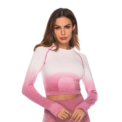 China Breathable High Waist Dye Gradient Peach Hip Seamless Activewear Fitness Sports Workout Top Yoga Hanging Lifting Long Sleeve for sale