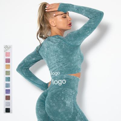 China Breathable 2022 New Seamless Washed Yoga Workout Clothes Women Sports Running Activewear Fitness Gym Yoga Long Sleeve Training Wear for sale