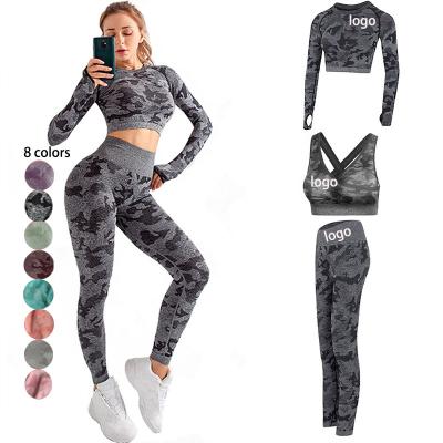 China OEM ODM Breathable Camouflage 3pcs Set Fitness Sports Bra Sleeve Wear Long Suit Outdoor Gym Clothing Pants Yoga Gaiters Sets Fitness Women for sale