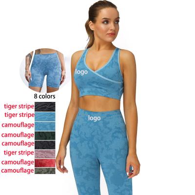 China OEM Breathable Camouflage Tiger Strip Print Seamless Sportswear Cropped Pants Camouflage Gym Fitness Pants Activewear Yoga Wear Bra Gaiters Set for sale