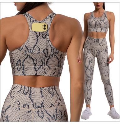 China Breathable 2022 New 2 Piece Set Snakeskin Print Yoga Clothes Women Sports Bra Pants Gaiters Fitness Sportswear Running Suit for sale