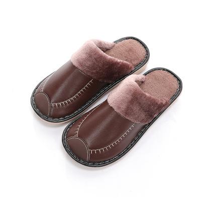 China PU Leather Thick Base Non-slip Indoor Warm Slippers Men And Women Winter Light Home Couples Cotton Slippers for sale