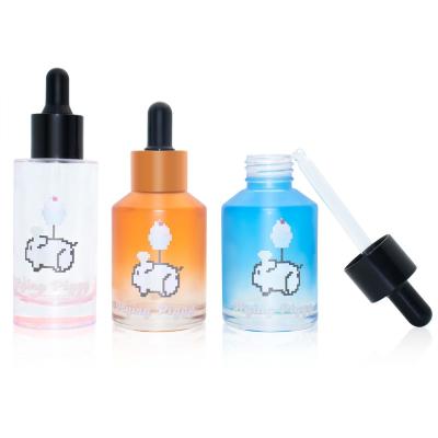 China Eco-friendly Recyclable 60ml 3oz Round Color Printer Frosted Glass Dropper Bottle With Rubber Dropper Cap For Serum Lotion for sale