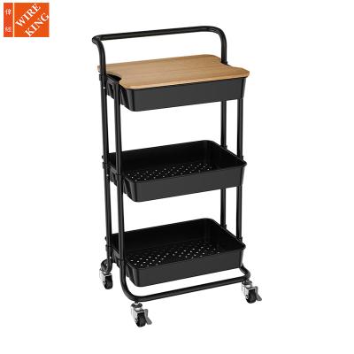 China CLASSIC OEM Factory Kitchen 3 Layer Coffee Storage Cart Drinks Serving Cart Organizer Rack Cart With Handle and MDF Tray for sale