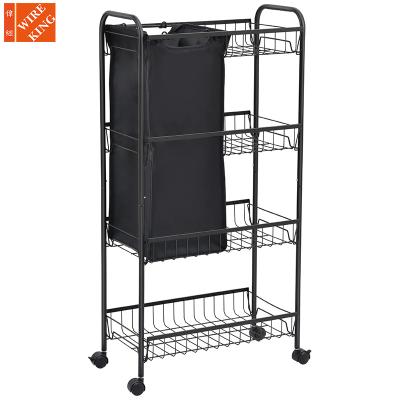 China CLASSIC Eco-friendly Beauty 4 Tier Stand Cart Plastic Utility Cart with 4 Wheels Laundry Storage Trolley Cart with Double Laundry Bag for sale