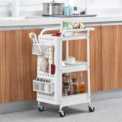 China U Shape Handle 3 Tiers Metal Trolley Home Mobile Kitchen Service Sustainable Hand Push Rolling Cart With Double Pegboard for sale