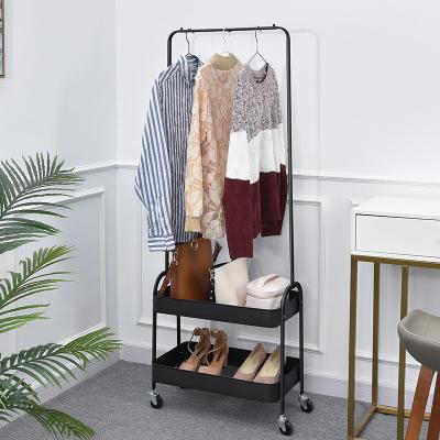 China New Design Mobile 2 in 1 Garment Rack Storage Trolley Coat Rack Clothes Rolling Rack with 2 Tier Metal Basket for sale